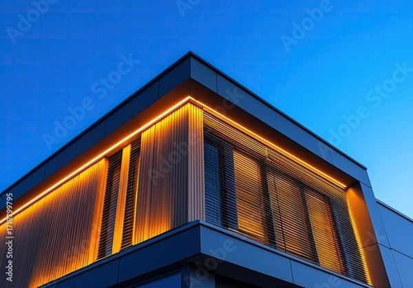 Fototapeta Modern architecture with illuminated slats and orange lighting of office building illuminated against blue sky background, modern facade with LED lights and wooden shutters for exterior decoration