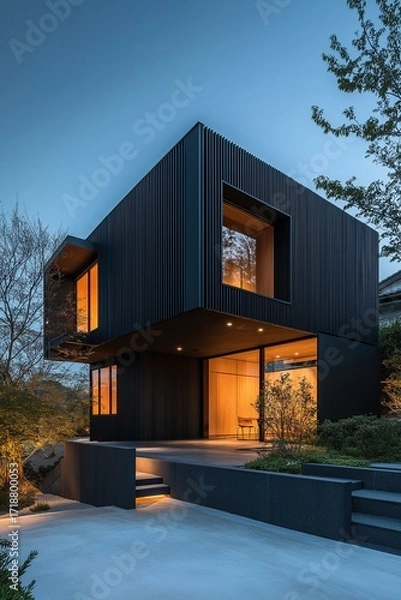 Fototapeta Black house modernist style with dark wood slats on exterior walls and windows geometric shape of two cubes connected by stairs at night greenery around concrete landscaping
