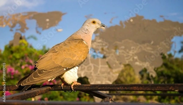Fototapeta Bird on metal bar with world map background