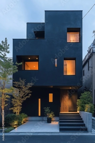 Fototapeta Modern minimalist house in Tokyo with black facade square windows on inside staircase leading to main entrance trees and plants around for greenery