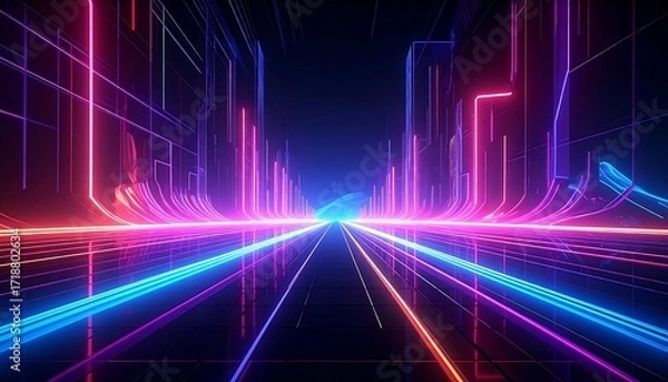 Fototapeta Futuristic city streetscape with vibrant neon lights