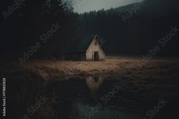 Obraz Misty, secluded cabin in a dark forest