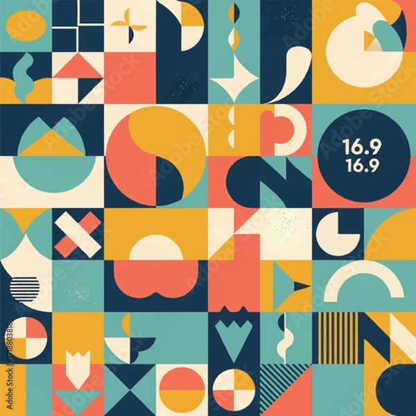 Fototapeta Vibrant geometric pattern with various shapes and colors, including a dark blue circle with white text, against a multicolored background.