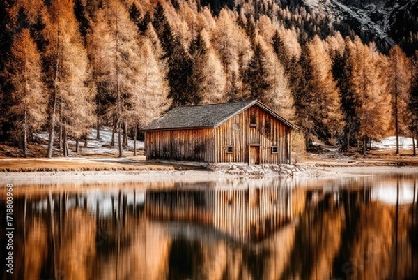 Obraz Rustic wooden cabin by a serene lake, autumnal forest backdrop