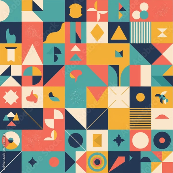 Fototapeta Vibrant geometric pattern with various shapes and colors in a seamless design, creating a lively and dynamic visual effect.