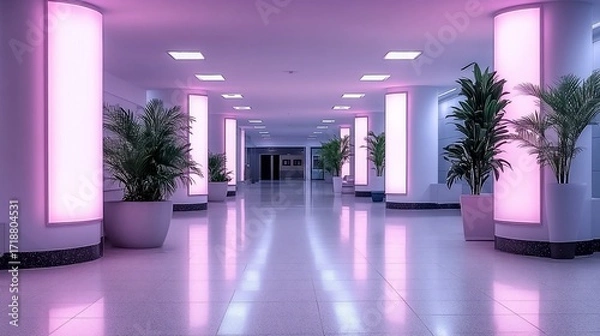 Fototapeta Empty, modern hallway with vibrant pink and purple neon lighting  Planted palms add a touch of tropical aesthetic  Smooth white tiled floor reflects the vibrant hues