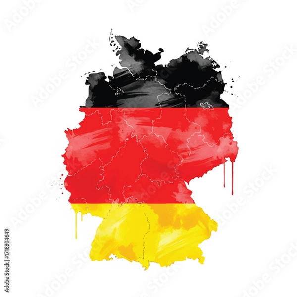 Fototapeta Vibrant illustration of the German flag painted over a map of Germany with bold brushstrokes and dripping colors on a white background.