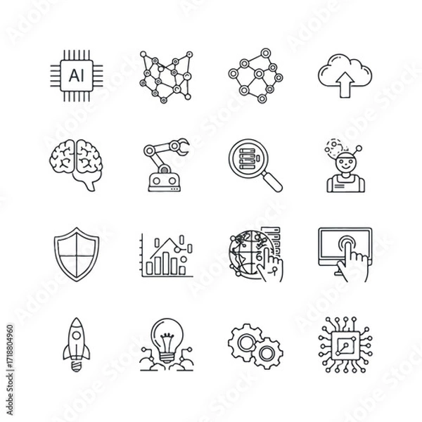 Fototapeta Flat lay of various line icons related to technology and innovation on a clean white background.