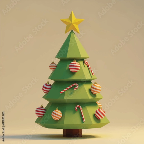 Fototapeta A 3D-rendered green Christmas tree decorated with red and white striped ornaments and candy canes topped with a gold star on a beige background.