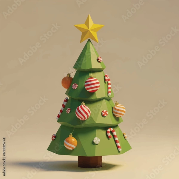 Fototapeta A 3D-rendered green Christmas tree decorated with red and white striped candy canes, ornaments, and topped with a gold star on a beige background.