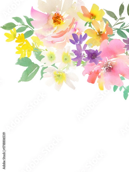 Fototapeta Hand painted abstract watercolor floral bouquet transparent background for wedding invitation, banner, SNS and post card. PNG file. Spring peonies and wild flowers card template.