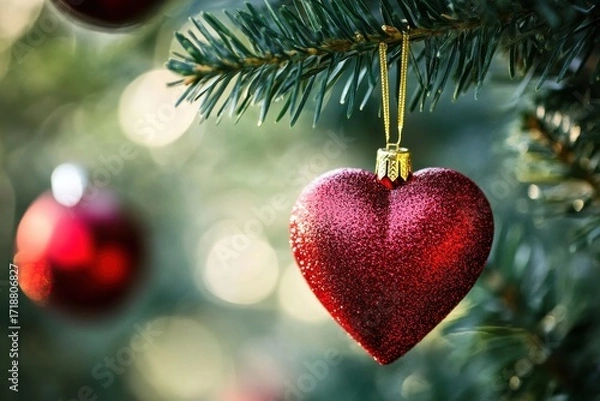 Fototapeta Red Christmas bauble ornament in heart shape on tree with space for shaped