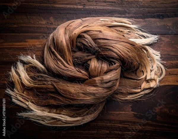Obraz Tangled Brown Hair Extensions on Rustic Wooden Surface.