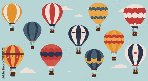 Fototapeta A vibrant flat design illustration showcasing a collection of hot air balloons with various patterns and colors, highlighting the diversity and fun of a fiesta. 