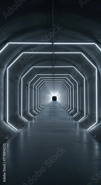 Fototapeta A long, futuristic tunnel stretches into the distance, illuminated by glowing white lines, creating a pathway of geometric shapes.