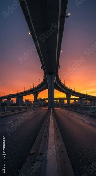 Fototapeta A dramatic highway overpass stretches across the road at sunset, showcasing a powerful structure and vibrant colors.