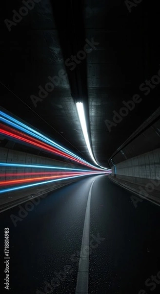 Fototapeta A captivating tunnel, illuminated by streaks of vibrant blue and red light, creates a mesmerizing and dynamic perspective.