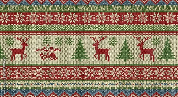 Obraz Cozy christmas sweater pattern with reindeer and trees