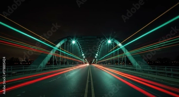 Fototapeta A captivating nighttime cityscape view under a bridge, showcasing vibrant light trails from moving vehicles.