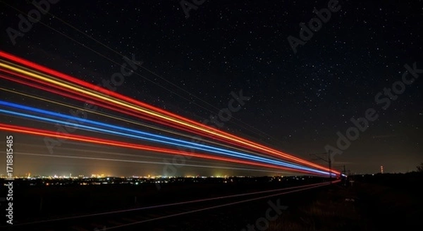 Fototapeta A mesmerizing display of light trails from a speeding train against a star-studded night sky over a city landscape.