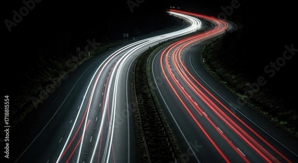 Fototapeta A nighttime highway curves with long light trails of vehicle headlights illuminating the asphalt, creating a dynamic and dramatic scene.