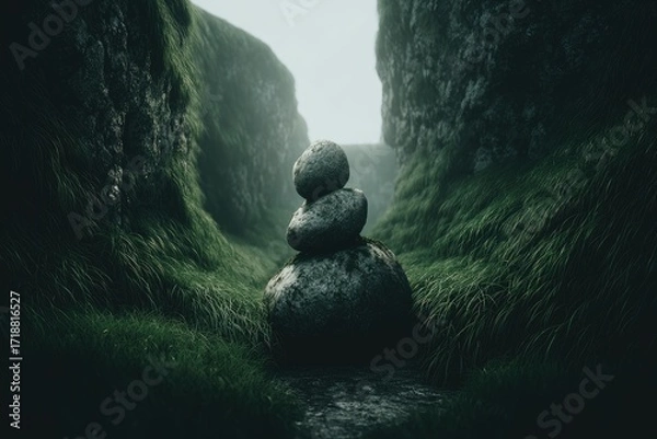 Obraz A stone cairn in a verdant valley between craggy cliffs