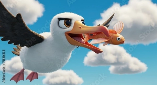 Fototapeta A cartoon albatross in flight, catching a bright orange fish against a backdrop of puffy white clouds and a vibrant blue sky.