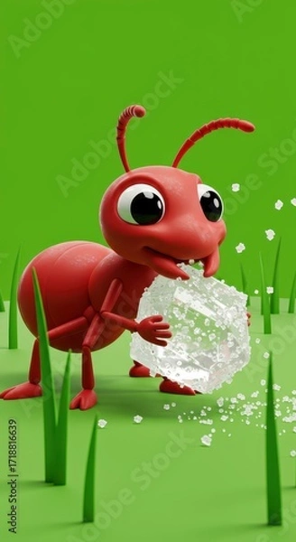 Fototapeta A cheerful red ant character holds a large ice cube, scattering pieces of it playfully on a vibrant green field.