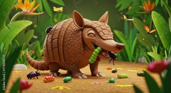 Fototapeta A playful armadillo, surrounded by colorful insects and flowers, enjoys a meal in a vibrant jungle setting.