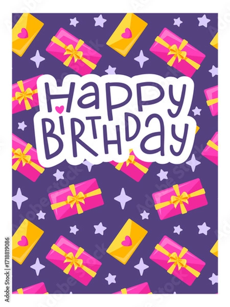 Fototapeta birthday card with gift boxes and the text Happy Birthday. for birthday and festive design.