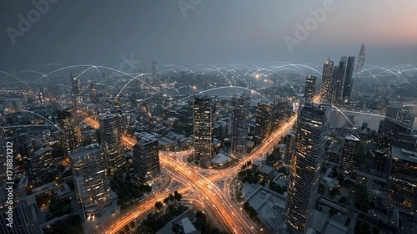 Fototapeta Hyper-connected smart cities utilize resilient network frameworks and dynamic frequency management to enable autonomous transportation, energy grids, and digital public services.