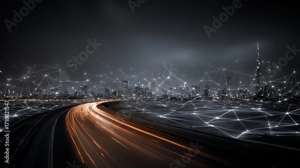 Fototapeta Hyper-connected smart cities utilize resilient network frameworks and dynamic frequency management to enable autonomous transportation, energy grids, and digital public services.