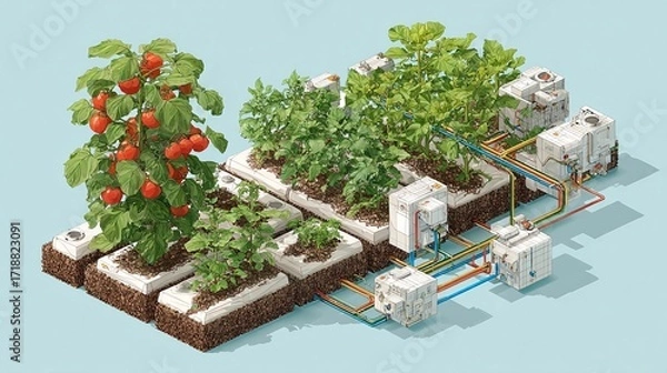 Fototapeta Illustration of smart hydroponic systems autonomously balancing nutrients, pH, and lighting with AI for future-ready, vertical urban agriculture with zero soil or pesticide usage.