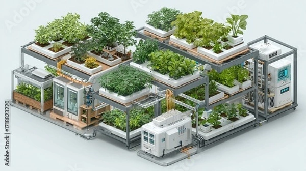 Fototapeta Illustration of smart hydroponic systems autonomously balancing nutrients, pH, and lighting with AI for future-ready, vertical urban agriculture with zero soil or pesticide usage.