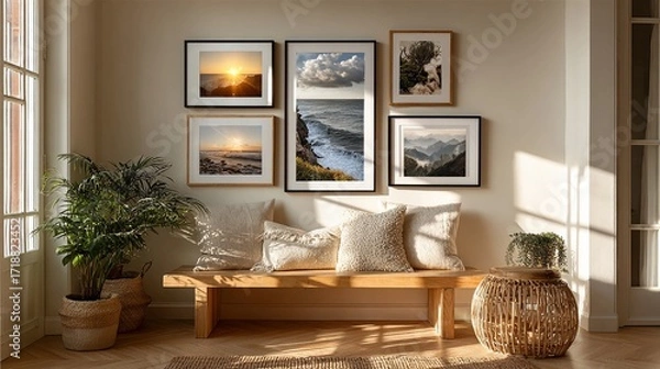 Fototapeta Image of digital photo frame syncing new pictures via internet with cloud album thumbnails visible and soft natural lighting creating a warm environment around modern decor