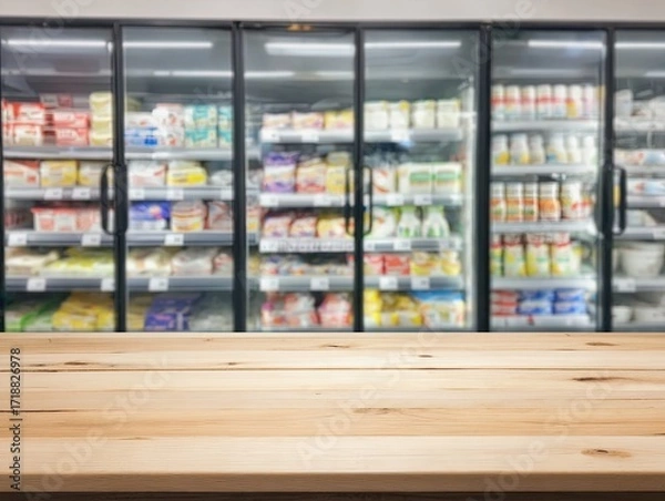 Fototapeta signed-image_0.pngSupermarket refrigerated section with wooden counter in foreground, glass door fridges filled with dairy products, drinks, and packaged foods, modern retail grocery interior