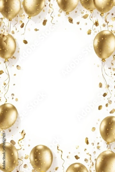 Fototapeta Golden balloons and glitter frame a white background with festive sparkle.