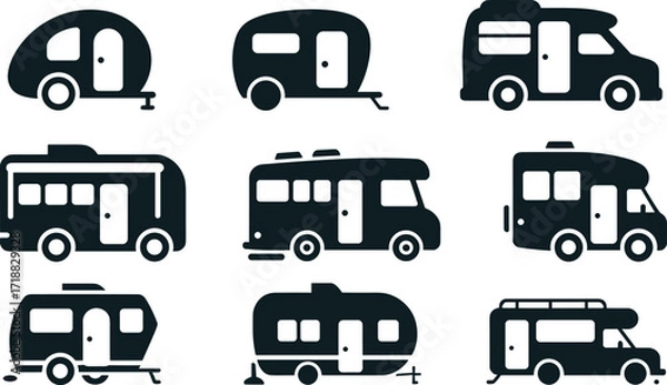 Fototapeta RV silhouette icons, travel trailer vector set, motorhome clipart, black camper symbols, mobile living graphics, recreational vehicle illustrations