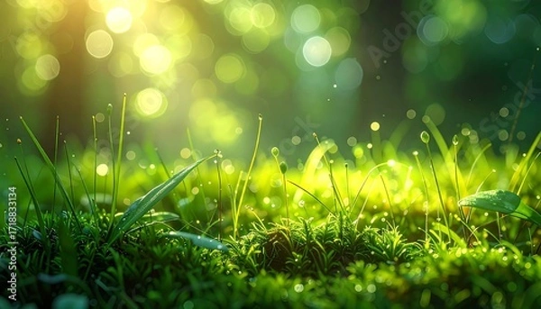 Fototapeta Lush green grass with bright bokeh light effect