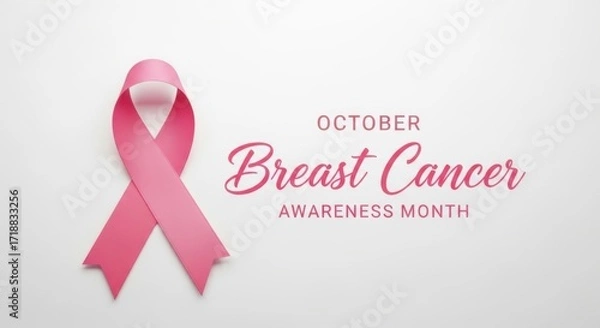 Fototapeta Pink ribbon with text october breast cancer awareness month isolated on white background