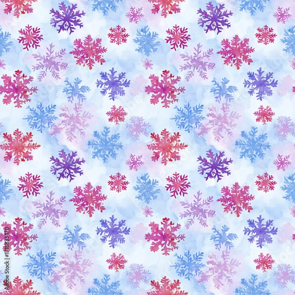 Fototapeta Color winter snowflakes watercolor background, seamless pattern