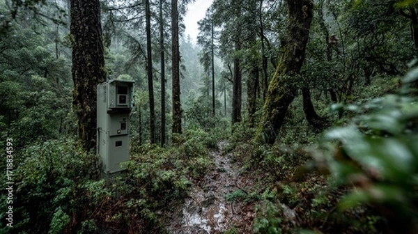 Fototapeta Interactive forest conservation systems use wildlife cameras, sound sensors, and AI analysis to track biodiversity, link ecosystems, and guide sustainable reforestation efforts.
