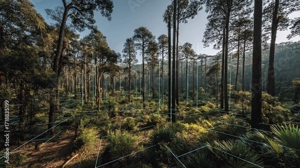Fototapeta Interactive forest conservation systems use wildlife cameras, sound sensors, and AI analysis to track biodiversity, link ecosystems, and guide sustainable reforestation efforts.