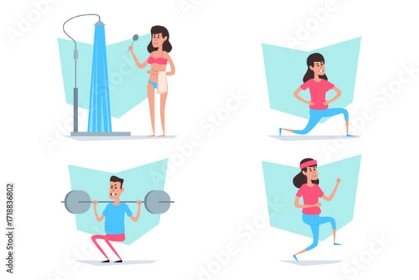 Fototapeta Collection of different fitness activities and personal care routines. Individuals exercising, showering, and focusing on wellness practices in bright, cheerful setting