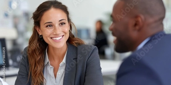 Obraz Business agreement between smiling Latina financial advisor and young African American male client in professional setting. 