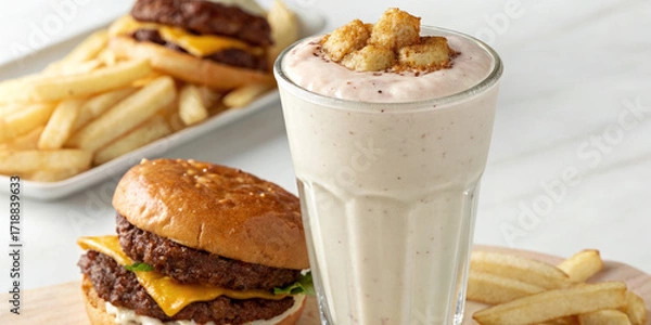 Fototapeta Milkshake topped with cinnamon toast crunch cereal served with cheeseburger and fries on wooden board and white plate
