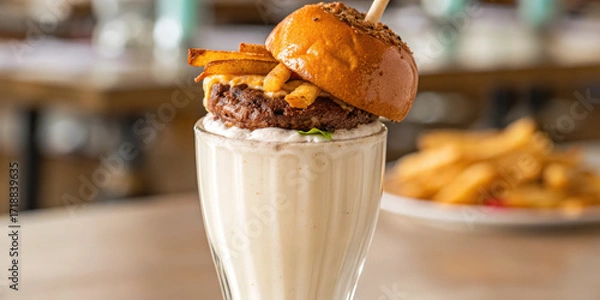 Fototapeta Milkshake topped with burger patty, fries, and bun, creating unique and indulgent food combination with creamy texture