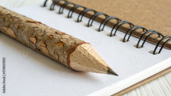 Fototapeta Pencil made from natural wood bark resting on blank spiral notebook with white pages, creative writing concept