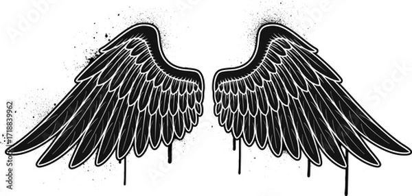 Fototapeta Black and white wings vector graphic in graffiti style. Graffiti wings with splatters, spray paint effects background illustration