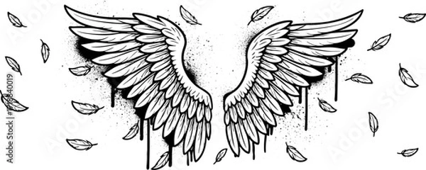 Fototapeta Black and white wings vector graphic in graffiti style. Graffiti wings with splatters, spray paint effects background illustration